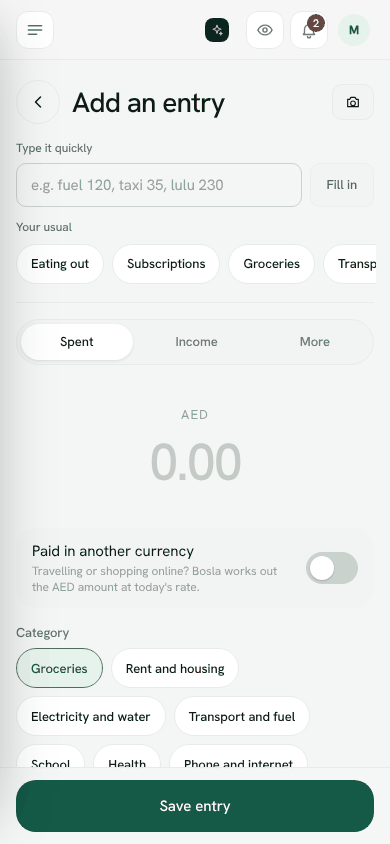 Screenshot: Add page with the Type it quickly box and Your usual chips