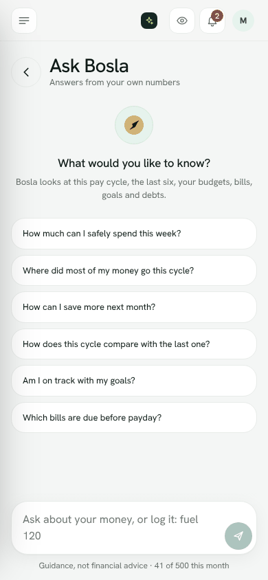 Screenshot: Ask Bosla with suggested questions