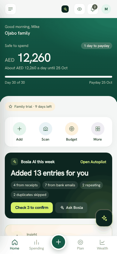 Screenshot: Home with Safe to spend at the top
