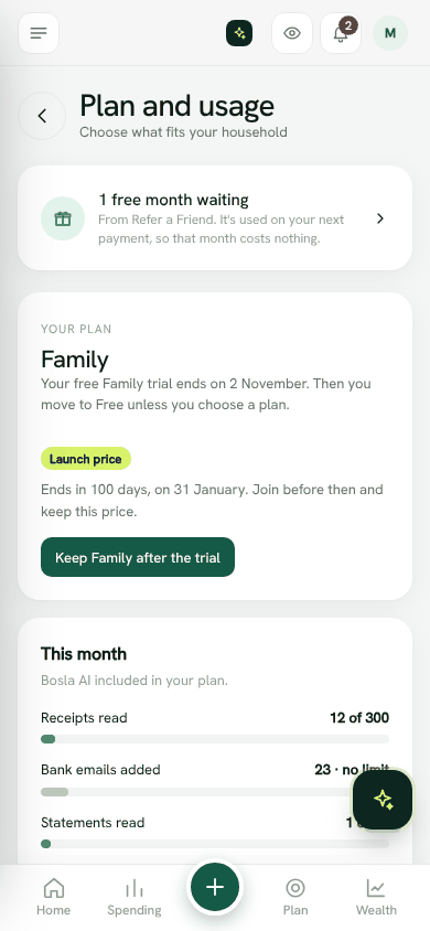 Screenshot: Plan and usage with Manage billing