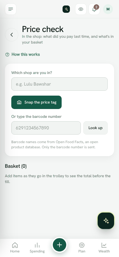 Screenshot: Price check with the basket