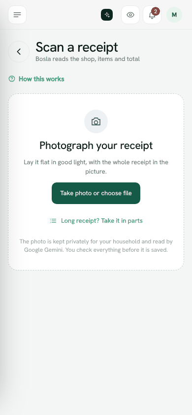 Screenshot: Scan a receipt, ready to take a photo
