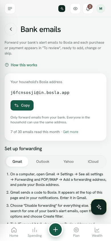 Screenshot: Settings, Bank emails with your Bosla address