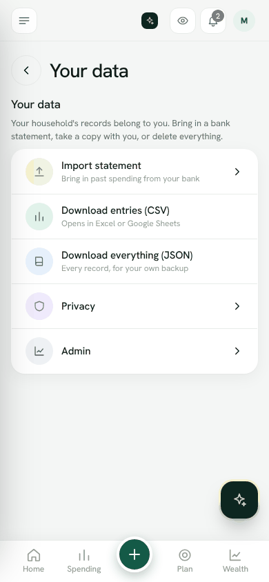 Screenshot: Settings, Your data