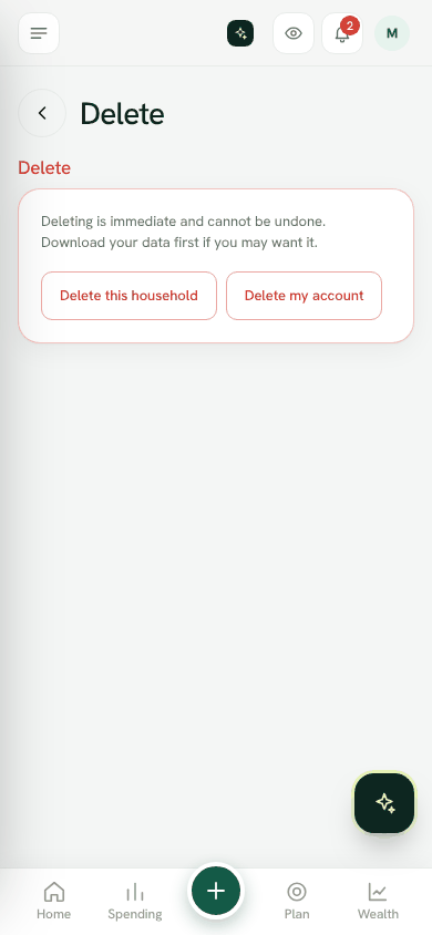 Screenshot: Settings, Delete